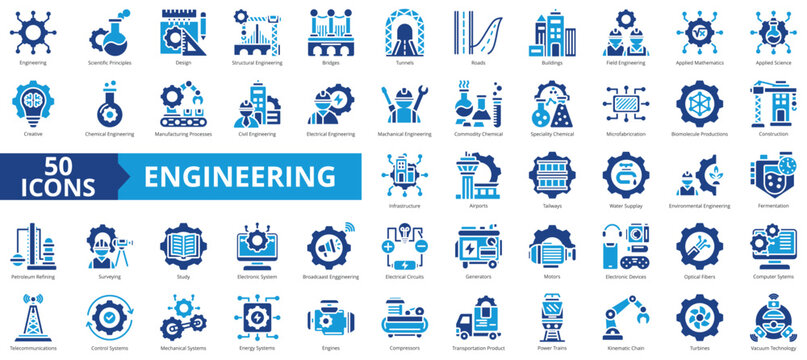 Engineering icon collection set. Containing scientific principles, design, structural, bridges, tunnels, roads, buildings icon. Simple flat vector.