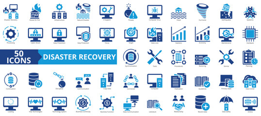 Disaster recovery icon collection set. Containing house on fire, infrastructure, natural disaster, it support, threats, computer virus, flood icon. Simple flat vector.