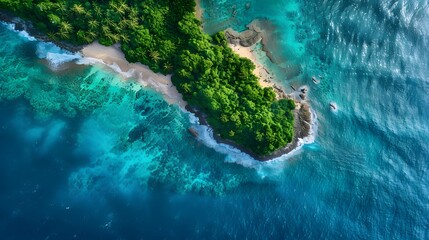 Breathtaking aerial view of a tropical island paradise with white sand beach, crystal clear blue ocean water.