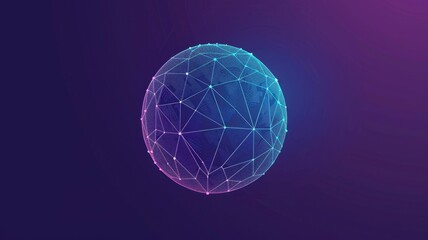 A luminous sphere is connected to network elements surrounded by purple and blue hues in a futuristic digital setting. AIG53M