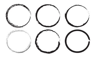Grunge circles brush set. Black circle frames. Round line of black paint. Grunge round shapes. Circular ink brush stroke fro design elements. Vector illustration.