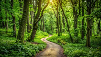 Fototapeta premium A winding path through a lush green forest, Nature, Trees, Path, Walkway, Woods, Outdoor, Scenic, Environment, Greenery