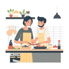 Fototapeta premium 25. **Couple cooking together, kitchen setting, flat design illustration**