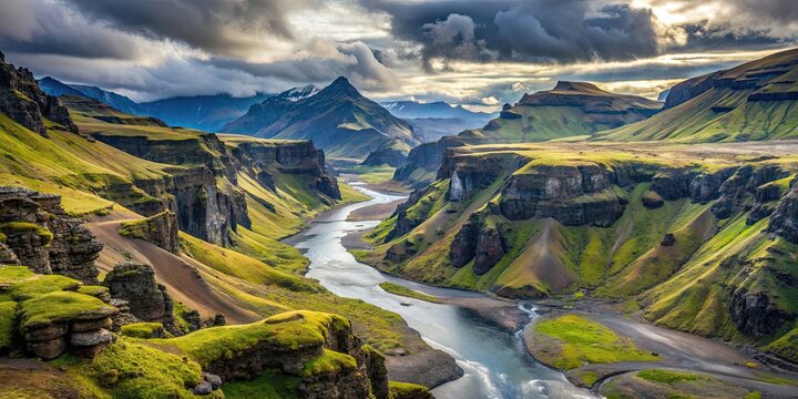 A breathtaking view of Thakgil mountains, canyon, and river in Iceland, mountains, canyon, river, landscape, Thakgil