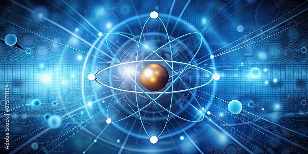 Poster Atomic structure with nucleus surrounded by electrons on a technological background, nucleus, atom, electrons