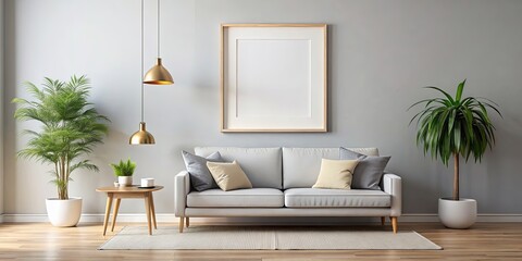 Blank picture frame hanging on living room wall with various decoration mockup, blank, picture frame, living room