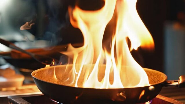 A chef is cooking food in a wok over fire in close-up. 