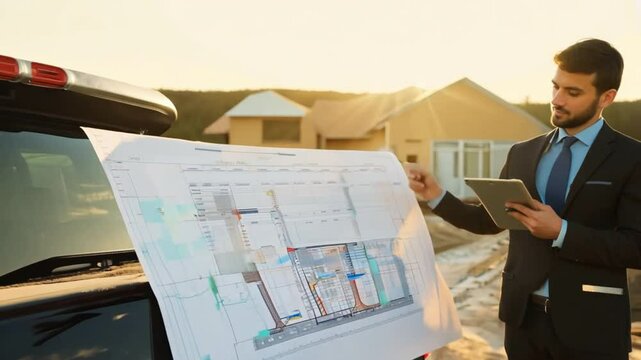Architect & Engineer working drawing document about project planning and progress of work schedule on the home building construction site