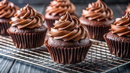 Close up of chocolate cupcakes on cooling rack , chocolate, cake, dessert, food, sweet, cupcake, muffin, baked, homemade