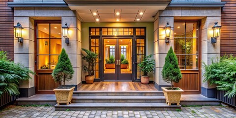 Obraz premium A welcoming entrance to a bright and cozy building, door, warm, sunny, entrance, inviting, cozy, building, architecture