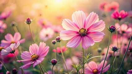 Beautiful pink cosmos flowers in natural setting with vintage tones, cosmos, flowers, pink, beautiful, nature, vintage, tones
