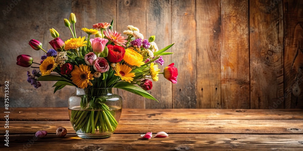 Wall mural A beautiful still life arrangement of flowers on a wooden table, bouquet, floral, vibrant, petals, vase, bloom, colorful