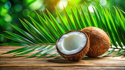 Close up shot of a fresh coconut with tropical leaves in the background, coconut, tropical, fruit, healthy, food, exotic, organic, raw