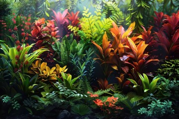 Obraz premium A vibrant, lush tropical garden brimming with colorful plants and dense foliage, creating a serene and enchanting natural landscape.
