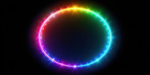 Brightly glowing iridescent circle of light on black background, black hole, portal, colorful, vibrant, glowing, iridescent
