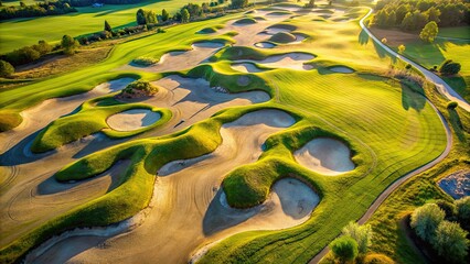Obraz premium Aerial view of a picturesque golf course with beautifully sculpted sand bunkers, golf course