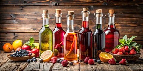 Bottle of assorted fruit liqueurs on a rustic wooden table , cocktails, drinks, alcohol, colorful, variety, flavors