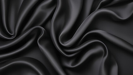 Black silk background with dark luxurious fabric draped texture folds in waves of flowing soft pattern, abstract satin or velvet cloth in luxury material design. ai