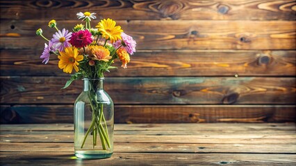 Bottle with fresh flowers on a wooden table , fresh, vibrant, colorful, bloom, simple, elegant, rustic, charming, organic