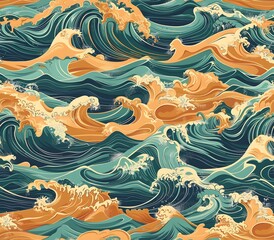 Majestic Ukiyo e Inspired Ocean Wave Pattern with Towering Crests Whitewater Spray and Reflective Surfaces in Muted Earthy Tones