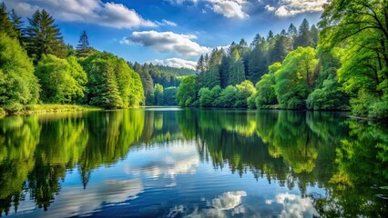 Obraz premium A tranquil lake surrounded by lush green forests in the background, tranquil, lake, nature, serene, peaceful, scenic, trees