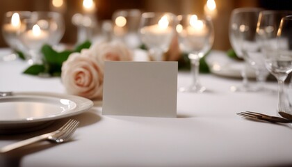 Fototapeta premium reception blank closeup tablecloth setting decoration placecard fork table place wedding white