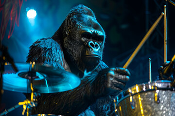 Obraz premium Generated Gorilla playing drums in a band