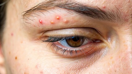Fototapeta premium Close up of a pimple on the eyelid, a hygiene problem caused by blockage of sebaceous glands due to dry eyes, eyelid