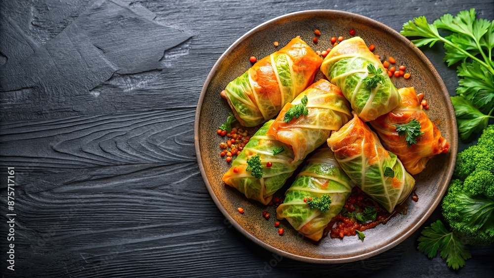 Sticker cabbage rolls on plates isolated on background, top view, cabbage rolls, food, meal, dish, delicious