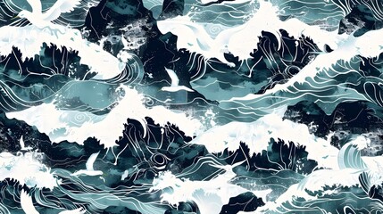 Mesmerizing Oceanscape in the Style of Classic Japanese Ukiyo e Art Foaming Waves Crashing Against Jagged Rocks with Glittering Sunlight and Soaring