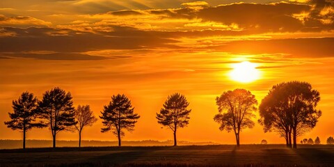 A close-up of a golden hour landscape with a silhouette of trees against the setting sun , nature, scenic, golden hour