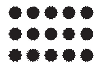 Sunburst sticker shapes. Rounded starburst zigzag badge, spiky oval, circle and star shaped price tag, discount and sale label stickers. Jagged silhouettes vector set.