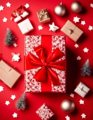 red lay wrapped flat open background package holiday box paper bow craft top view present gift festive christmas