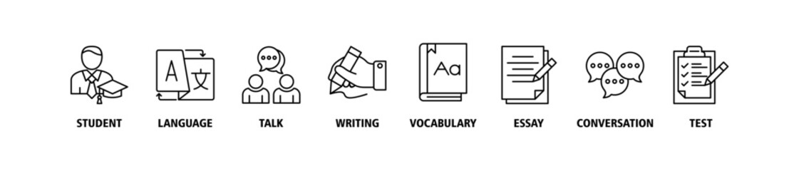 English class banner web icon set vector illustration symbol concept with icon of student, language, talk, writing, vocabulary, essay, conversation, test