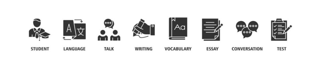 English class banner web icon set vector illustration symbol concept with icon of student, language, talk, writing, vocabulary, essay, conversation, test