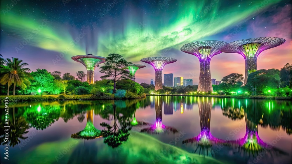 Poster Aurora borealis reflecting on a garden by the bay Singapore with visible green and purple lights, Aurora, borealis