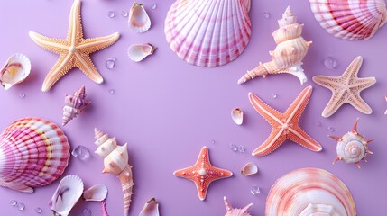Vibrant summer composition with a seashell and a starfish on a pastel purple background © Tracto