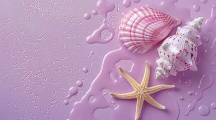 Vibrant summer composition with a seashell and a starfish on a pastel purple background © Tracto