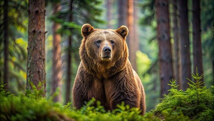 Obraz premium Big brown bear in the forest, wildlife, nature, animal, mammal, predator, grizzly, wilderness, fur