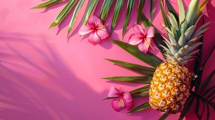 Vibrant summer composition with a pineapple and a tropical flower on a magenta background