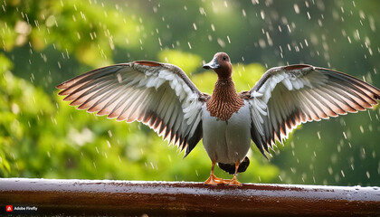 Obraz premium A bird bathing in the rain with its wings flapping.