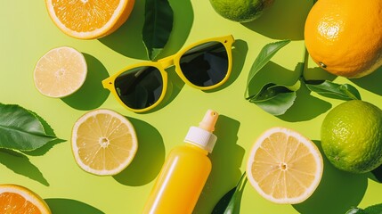 Vibrant summer composition with a pair of sunglasses and a sunscreen bottle on a lime green background