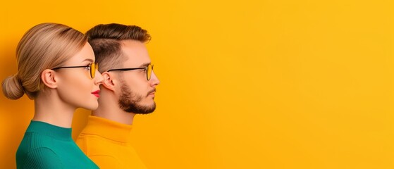 A young couple looking away from the camera, standing against a yellow background.
