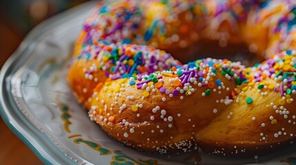 Close up of Colorful Mardi Gras King Cake with Sprinkled Sugar on a Plate