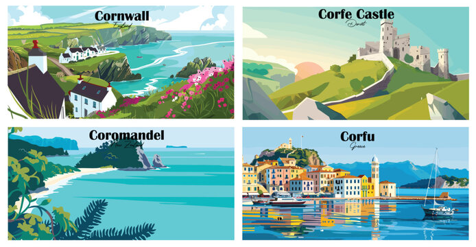 Travel landmarks tourism world famous, Vector illustration. Design for travel wallpaper, flyer or web banner design template. Panorama view. Copy space