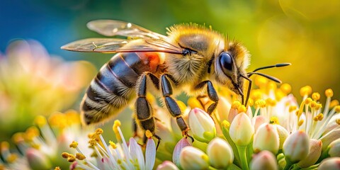 Fototapeta premium A wild bee collecting pollen from a flower , bee, pollination, nature, wildlife, insect, bumblebee, Bombus terrestris