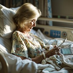 An elderly woman is laying in a hospital bed using a cell phone