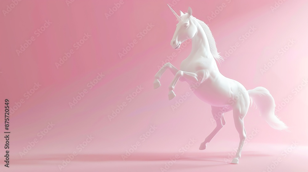 Wall mural A white unicorn with a pink mane and tail stands on its hind legs against a pink background.