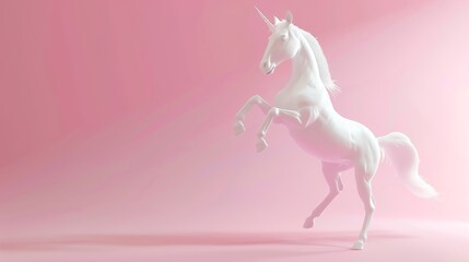 Fototapeta premium A white unicorn with a pink mane and tail stands on its hind legs against a pink background.