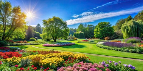 Beautiful view of a lush green park with colorful flowers and a clear blue sky, park, view, lush, green, colorful, flowers